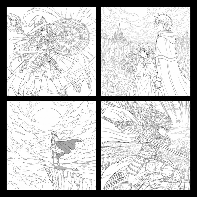 May include: Four-panel black and white illustration featuring fantasy characters. One panel shows a female mage with a staff and magic circle. Another depicts a couple overlooking a castle. A third shows a figure on a cliff, and the last shows a warrior with a sword.