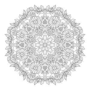 Peut inclure: Mandala floral en noir et blanc avec des marguerites, des roses et des feuilles. Le motif sym&eacute;trique pr&eacute;sente une grande fleur centrale et une bordure d&eacute;taill&eacute;e. Parfait pour le coloriage.