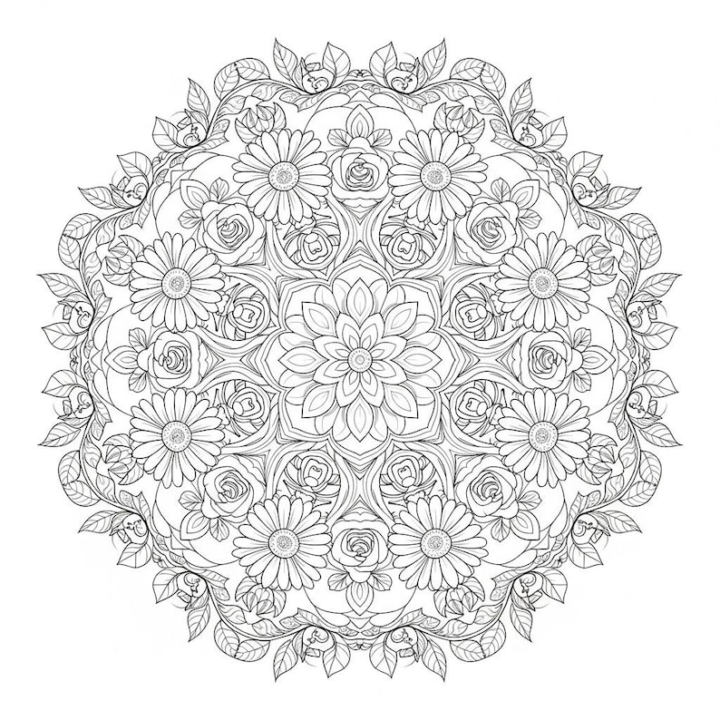 Peut inclure: Mandala floral en noir et blanc avec des marguerites, des roses et des feuilles. Le motif sym&eacute;trique pr&eacute;sente une grande fleur centrale et une bordure d&eacute;taill&eacute;e. Parfait pour le coloriage.