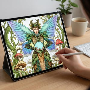 Pu&ograve; includere: Illustrazione digitale di una fata con ali blu e verdi, che tiene in mano un globo luminoso, visualizzata su un tablet. La fata &egrave; circondata da funghi e alberi. Una penna stilo &egrave; tenuta vicino allo schermo.