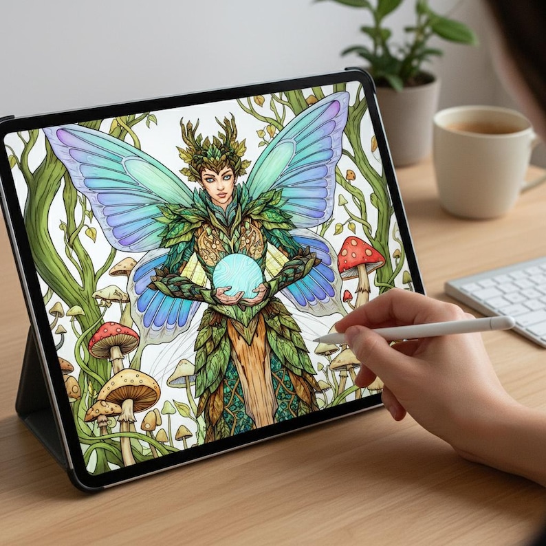 Pu&ograve; includere: Illustrazione digitale di una fata con ali blu e verdi, che tiene in mano un globo luminoso, visualizzata su un tablet. La fata &egrave; circondata da funghi e alberi. Una penna stilo &egrave; tenuta vicino allo schermo.