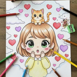 May include: A vibrant illustration of a girl with large green eyes, a yellow sweater, and an orange cat perched on her head. The background includes hearts and clouds, with coloured pencils surrounding the drawing.