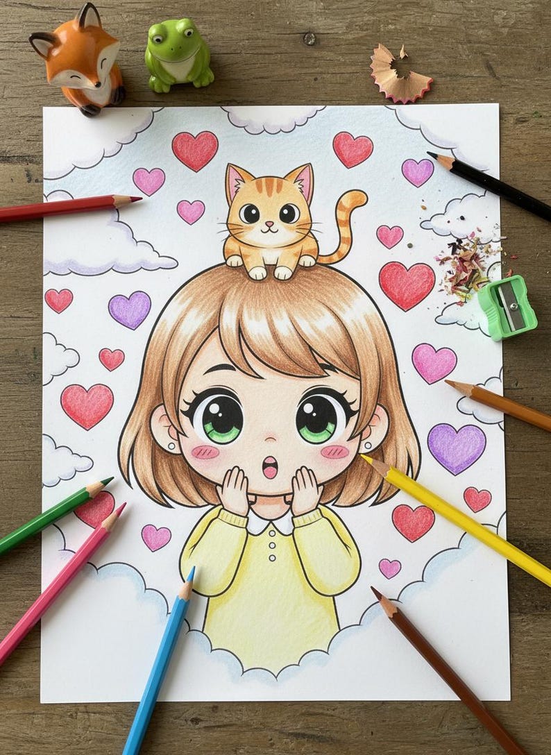 May include: A vibrant illustration of a girl with large green eyes, a yellow sweater, and an orange cat perched on her head. The background includes hearts and clouds, with coloured pencils surrounding the drawing.