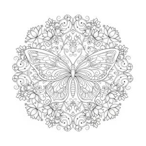 May include: Detailed black and white illustration of a butterfly with intricate wing patterns, centered within a circular floral and ornamental design. The image is suitable for coloring or artistic projects.
