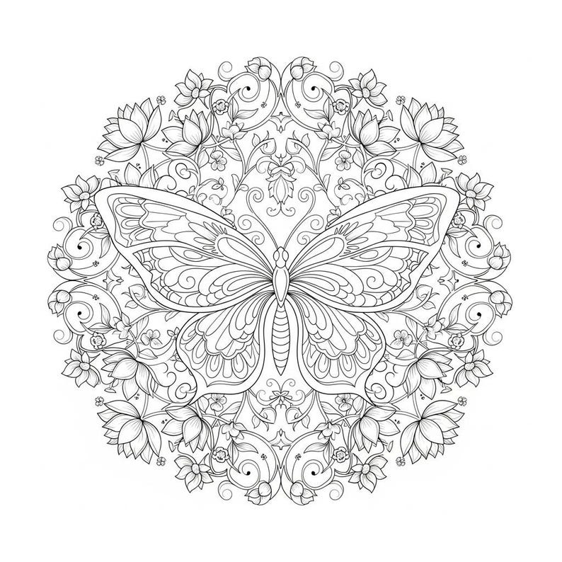 May include: Detailed black and white illustration of a butterfly with intricate wing patterns, centered within a circular floral and ornamental design. The image is suitable for coloring or artistic projects.