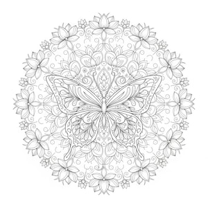 May include: A detailed black and white illustration of a butterfly at the center of a floral mandala. The butterfly has intricate wing patterns, and the mandala features flowers and swirling designs, creating a symmetrical, circular composition.