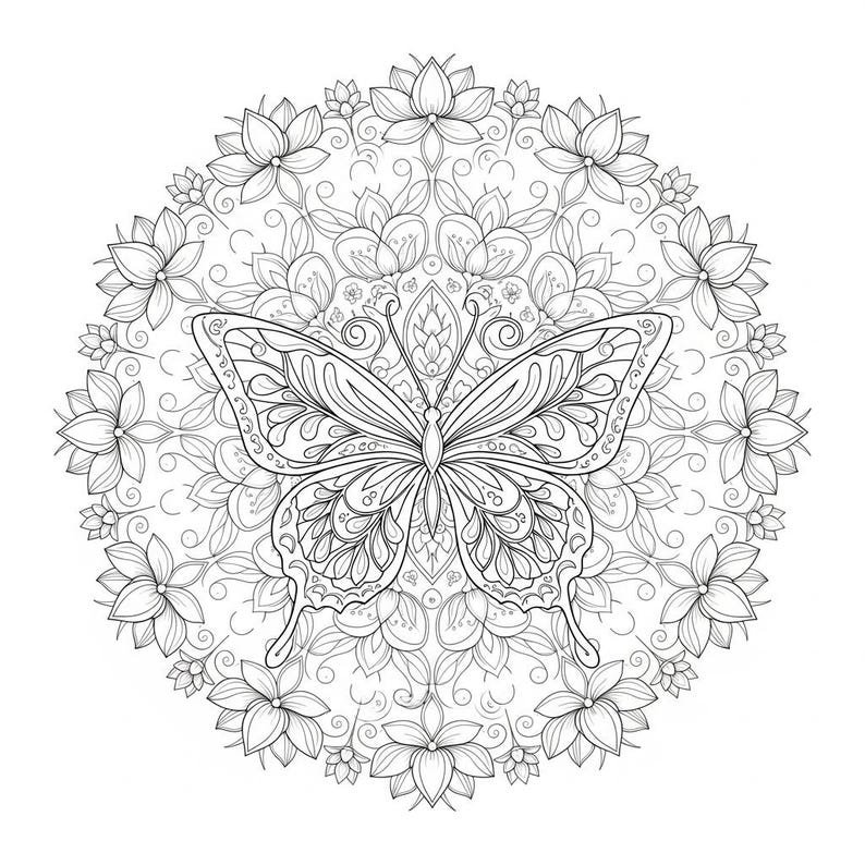 May include: A detailed black and white illustration of a butterfly at the center of a floral mandala. The butterfly has intricate wing patterns, and the mandala features flowers and swirling designs, creating a symmetrical, circular composition.