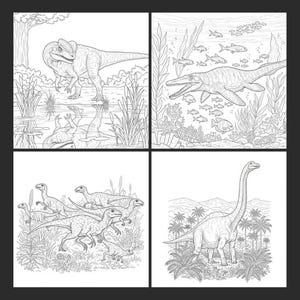 A collage of four black and white dinosaur coloring pages featuring a Dilophosaurus, Mosasaurus swimming underwater, a Velociraptor pack, and a Brachiosaurus. An inside page preview of the Jurassic World adventure activity book for kids.