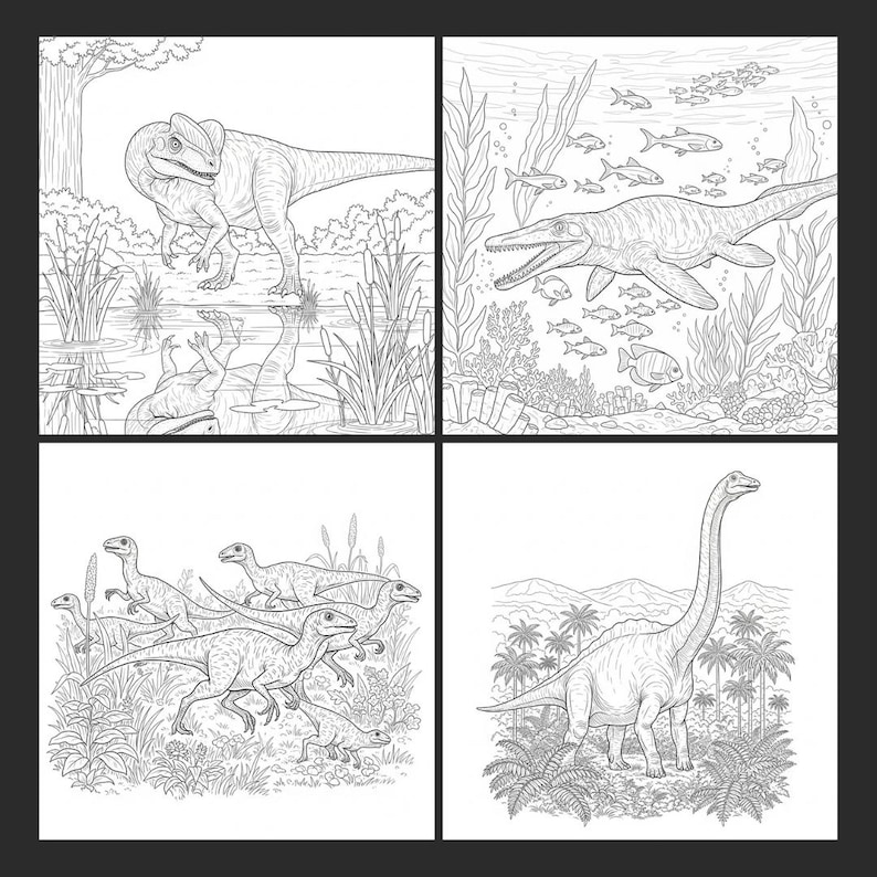 A collage of four black and white dinosaur coloring pages featuring a Dilophosaurus, Mosasaurus swimming underwater, a Velociraptor pack, and a Brachiosaurus. An inside page preview of the Jurassic World adventure activity book for kids.