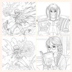 May include: Four-panel black and white illustration featuring manga-style characters. Two panels depict action scenes with a character wielding fire. The other two panels show girls reading books, one with glasses and braids, the other with a braid.