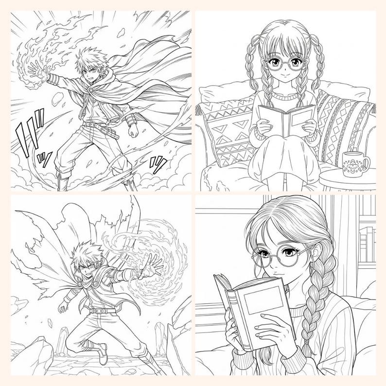 May include: Four-panel black and white illustration featuring manga-style characters. Two panels depict action scenes with a character wielding fire. The other two panels show girls reading books, one with glasses and braids, the other with a braid.
