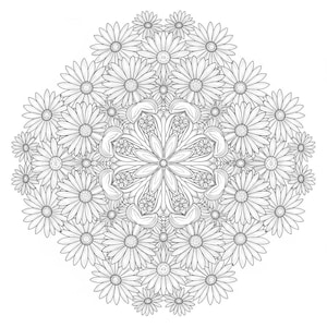 An intricate black and white circular floral mandala coloring page, dominated by layers of detailed daisies and symmetrical botanical patterns. This high-resolution line art is part of our 100-page Floral Mandala collection, designed for adult relaxation, mindfulness, and creative stress relief.