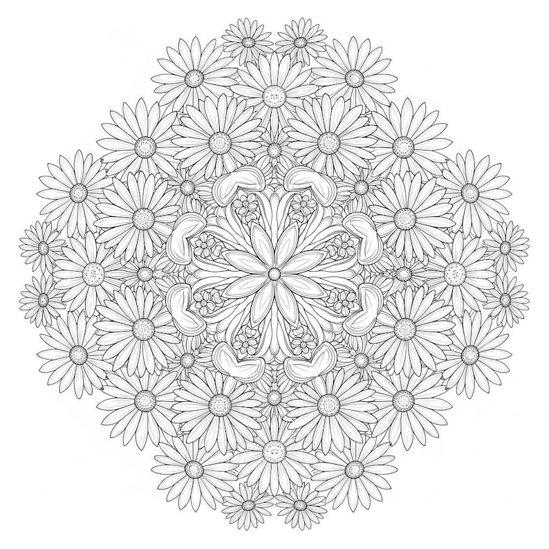 An intricate black and white circular floral mandala coloring page, dominated by layers of detailed daisies and symmetrical botanical patterns. This high-resolution line art is part of our 100-page Floral Mandala collection, designed for adult relaxation, mindfulness, and creative stress relief.