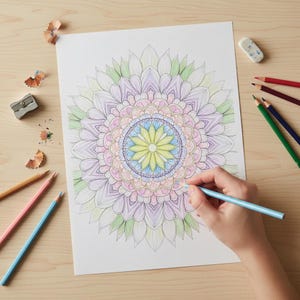 Gemini şunu dedi:
A person's hand coloring a large, intricate floral mandala with a light blue pencil, featuring a soft palette of yellow, pink, and purple tones. This lifestyle preview, set on a light wooden desk with scattered colored pencils and shavings, showcases the high-quality line art from our 100-page Floral Mandala collection, perfect for adult relaxation, creative mindfulness, and stress relief.