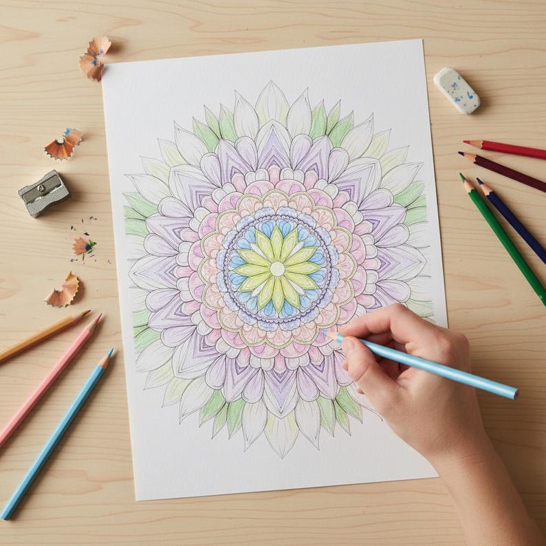 Gemini şunu dedi:
A person's hand coloring a large, intricate floral mandala with a light blue pencil, featuring a soft palette of yellow, pink, and purple tones. This lifestyle preview, set on a light wooden desk with scattered colored pencils and shavings, showcases the high-quality line art from our 100-page Floral Mandala collection, perfect for adult relaxation, creative mindfulness, and stress relief.