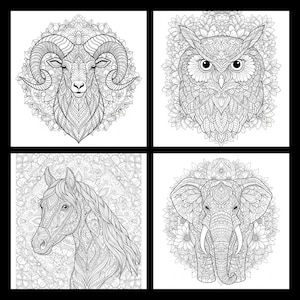 以下が含まれることがあります： 白黒の動物イラスト4点。画像には、雄羊、フクロウ、馬、象が含まれており、それぞれに複雑なマンダラ風のパターンが施されています。イラストは塗り絵に適しています。