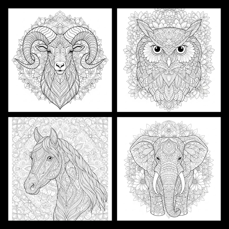 以下が含まれることがあります： 白黒の動物イラスト4点。画像には、雄羊、フクロウ、馬、象が含まれており、それぞれに複雑なマンダラ風のパターンが施されています。イラストは塗り絵に適しています。
