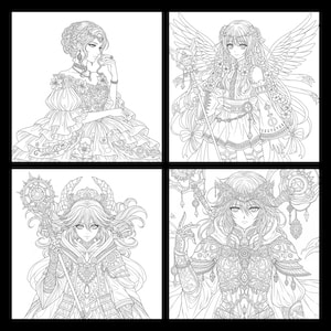 May include: Four detailed black and white illustrations of anime-style characters. Each character is depicted in elaborate costumes, including dresses, armor, and accessories. The images are suitable for coloring.
