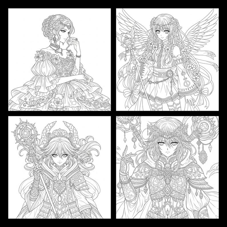 May include: Four detailed black and white illustrations of anime-style characters. Each character is depicted in elaborate costumes, including dresses, armor, and accessories. The images are suitable for coloring.