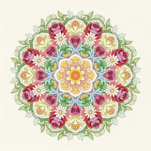 Peut inclure: Un mandala floral d&eacute;taill&eacute; avec des roses rouges, des roses jaunes, des marguerites blanches et des feuilles vertes dispos&eacute;es en motif sym&eacute;trique. Le centre pr&eacute;sente un motif floral jaune et orange. L'&oelig;uvre est sur fond cr&egrave;me.