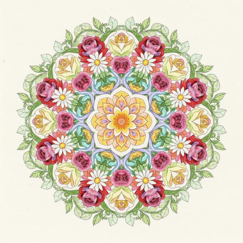 Peut inclure: Un mandala floral d&eacute;taill&eacute; avec des roses rouges, des roses jaunes, des marguerites blanches et des feuilles vertes dispos&eacute;es en motif sym&eacute;trique. Le centre pr&eacute;sente un motif floral jaune et orange. L'&oelig;uvre est sur fond cr&egrave;me.