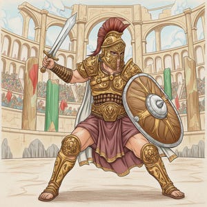 May include: Illustration of a gladiator in golden armour, holding a sword and shield in an arena. The gladiator wears a red-plumed helmet and a burgundy tunic. The background shows an ancient Roman coliseum with spectators.