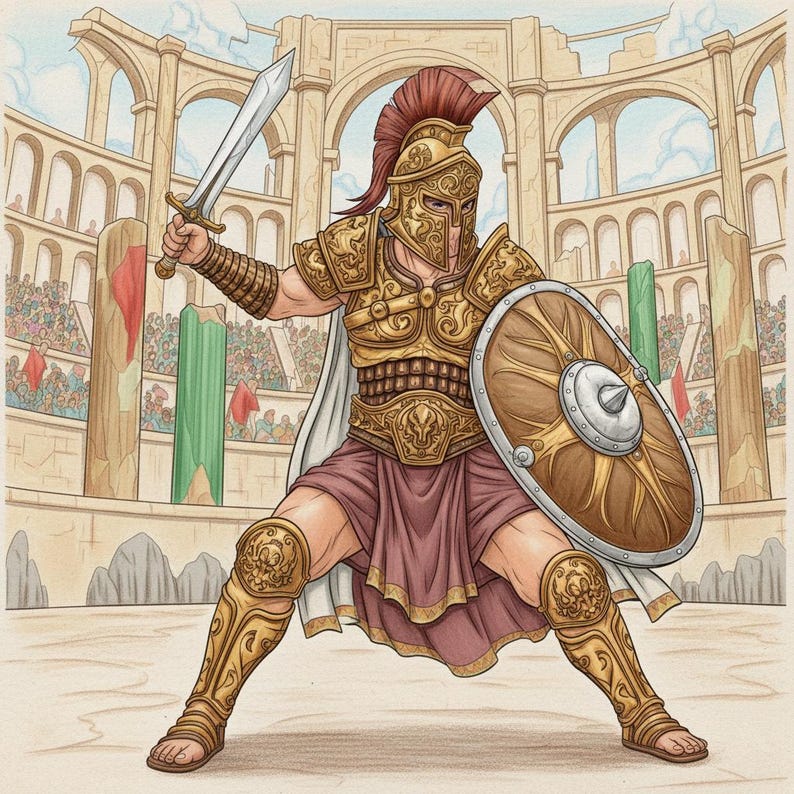 May include: Illustration of a gladiator in golden armour, holding a sword and shield in an arena. The gladiator wears a red-plumed helmet and a burgundy tunic. The background shows an ancient Roman coliseum with spectators.
