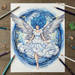 Pu&ograve; includere: Disegno a matita colorata dettagliato di una figura celeste con capelli blu e grandi ali bianche. La figura indossa un abito a forma di nuvola ed &egrave; circondata da uno sfondo blu vorticoso con fulmini. L'opera d'arte &egrave; su carta bianca.