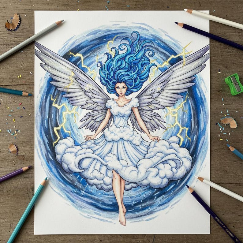 Pu&ograve; includere: Disegno a matita colorata dettagliato di una figura celeste con capelli blu e grandi ali bianche. La figura indossa un abito a forma di nuvola ed &egrave; circondata da uno sfondo blu vorticoso con fulmini. L'opera d'arte &egrave; su carta bianca.