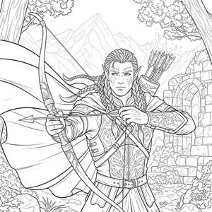 May include: Black and white illustration of an archer with long braided hair, holding a bow and arrow. The archer is wearing detailed armor and a cape, set against a backdrop of a forest, mountains, and stone ruins. The image is a line drawing.