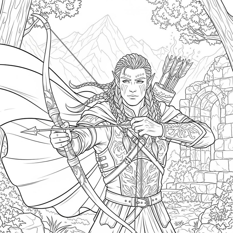 May include: Black and white illustration of an archer with long braided hair, holding a bow and arrow. The archer is wearing detailed armor and a cape, set against a backdrop of a forest, mountains, and stone ruins. The image is a line drawing.