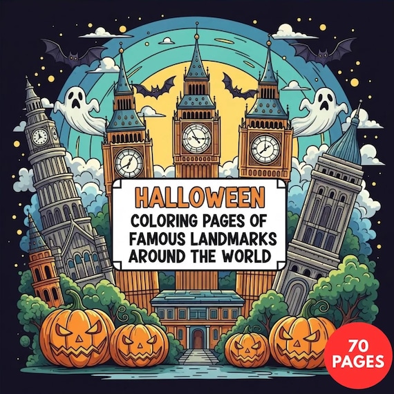 Halloween Landmarks Coloring Pages for Adults, Famous Architecture Spooky Art, P