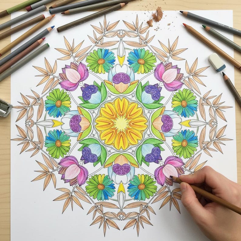 A person's hand coloring an intricate floral mandala featuring a vibrant yellow center, green-and-blue daisies, and pink lotus flowers. This lifestyle preview, showing colored pencils and shavings on a wooden desk, highlights the relaxing and creative experience of our 100-page Floral Mandala collection, perfect for adult relaxation, mindfulness, and stress relief.