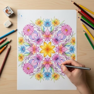 A person's hand coloring a vibrant floral mandala with pink, purple, and yellow pencils on a wooden desk. This creative lifestyle preview showcases the high-quality designs in our 100-page Floral Mandala collection, perfect for adult relaxation, mindfulness, and artistic stress relief.