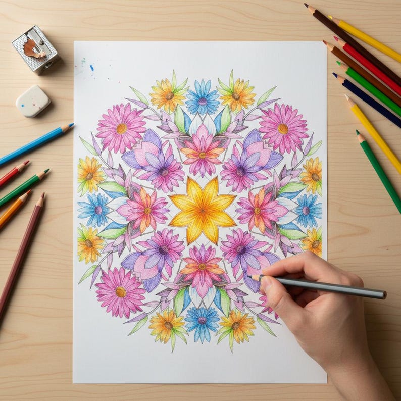 A person's hand coloring a vibrant floral mandala with pink, purple, and yellow pencils on a wooden desk. This creative lifestyle preview showcases the high-quality designs in our 100-page Floral Mandala collection, perfect for adult relaxation, mindfulness, and artistic stress relief.