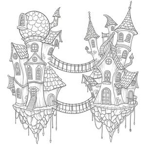 May include: Black and white illustration of two whimsical, floating castles connected by rope bridges. The castles feature multiple turrets, arched windows, and detailed roof designs. The image is a line drawing, perfect for coloring.