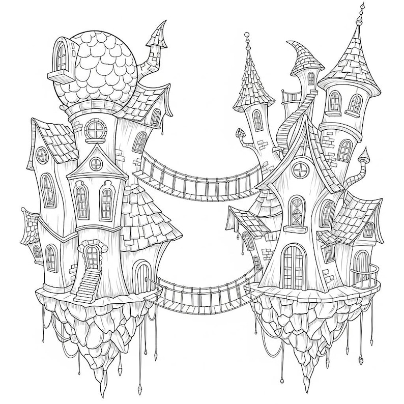 May include: Black and white illustration of two whimsical, floating castles connected by rope bridges. The castles feature multiple turrets, arched windows, and detailed roof designs. The image is a line drawing, perfect for coloring.