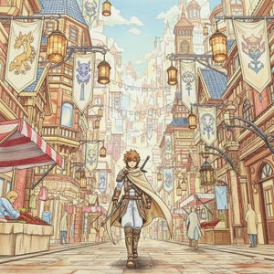 May include: An illustration of a medieval town scene with a young person walking down a cobblestone street. The buildings are detailed with banners and lanterns. The person is wearing armor and a cape, carrying a sword.