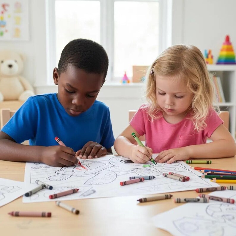 May include: Two children, a boy and a girl, are seated at a wooden table, coloring a large coloring page with crayons. The boy wears a blue shirt, and the girl wears a pink shirt. Crayons of various colors are scattered on the table.