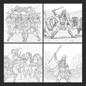 May include: Black and white illustrations of gladiatorial combat scenes. One image features two gladiators with swords and shields. Another shows a gladiator fighting a lion and a tiger. A third depicts a battle with horses, and the last shows a gladiator with a spear.