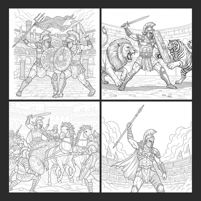 May include: Black and white illustrations of gladiatorial combat scenes. One image features two gladiators with swords and shields. Another shows a gladiator fighting a lion and a tiger. A third depicts a battle with horses, and the last shows a gladiator with a spear.