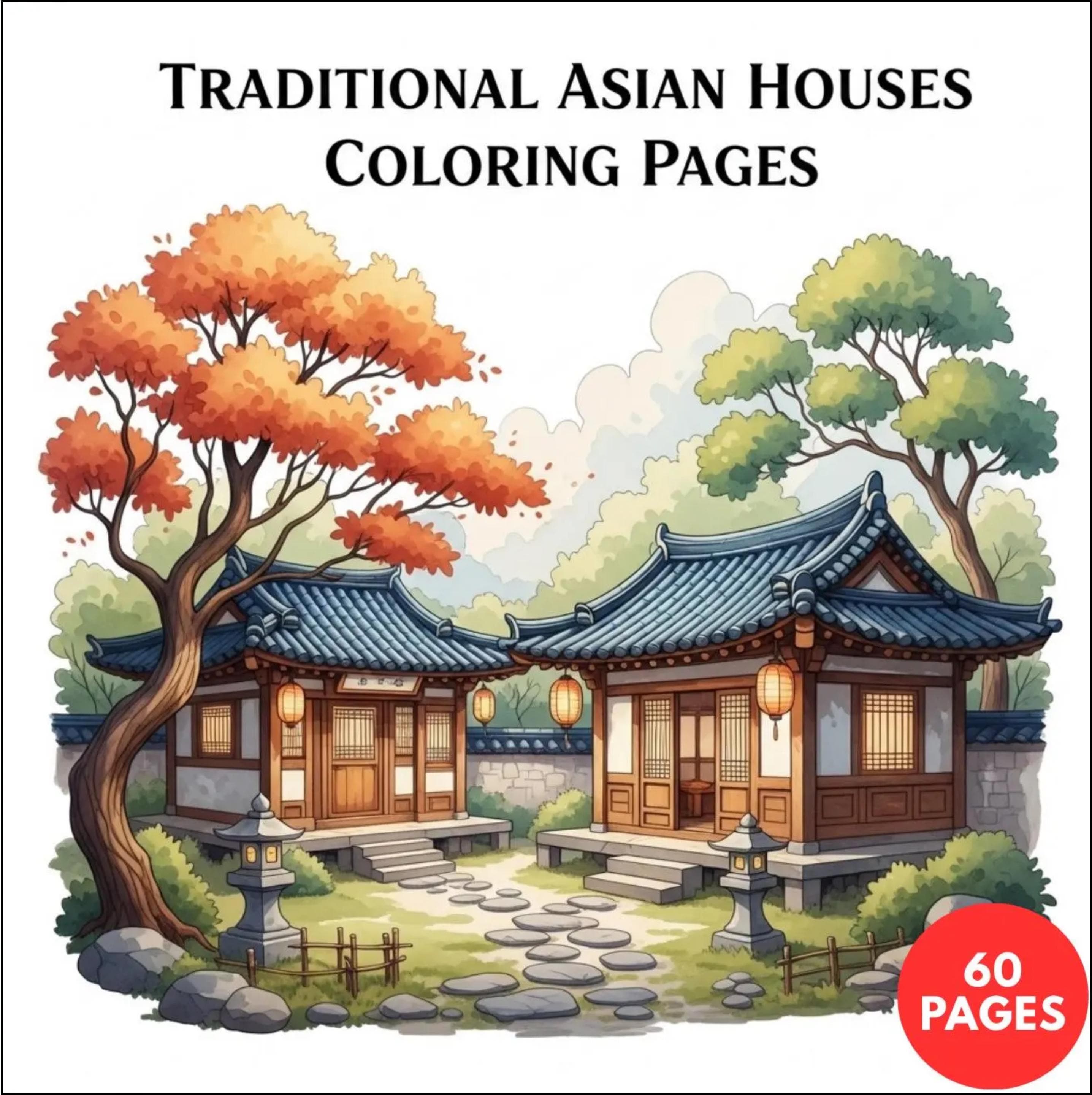 Traditional Asian Houses Pages — printable PDF coloring book