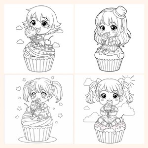 May include: Four black and white illustrations of anime-style girls enjoying ice cream cones while sitting on cupcakes. Each girl has a unique hairstyle and is surrounded by decorative elements like clouds, stars, and a sun.
