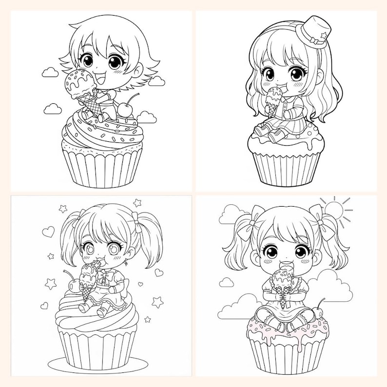 May include: Four black and white illustrations of anime-style girls enjoying ice cream cones while sitting on cupcakes. Each girl has a unique hairstyle and is surrounded by decorative elements like clouds, stars, and a sun.