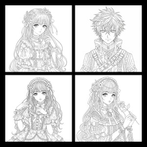 May include: Four-panel black and white illustration featuring detailed anime-style portraits. The images depict two women and one man with intricate hairstyles and clothing, and one woman holding a rose. The illustrations are suitable for coloring.