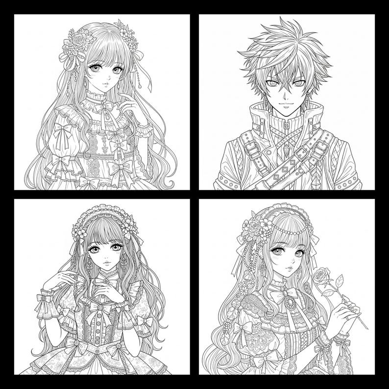 May include: Four-panel black and white illustration featuring detailed anime-style portraits. The images depict two women and one man with intricate hairstyles and clothing, and one woman holding a rose. The illustrations are suitable for coloring.