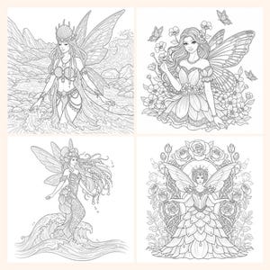 Pu&ograve; includere: Quattro illustrazioni in bianco e nero di fate. Ogni fata ha ali dettagliate ed &egrave; circondata da elementi come acqua, fiori e rose. Le immagini sono adatte per libri da colorare o stampe artistiche.