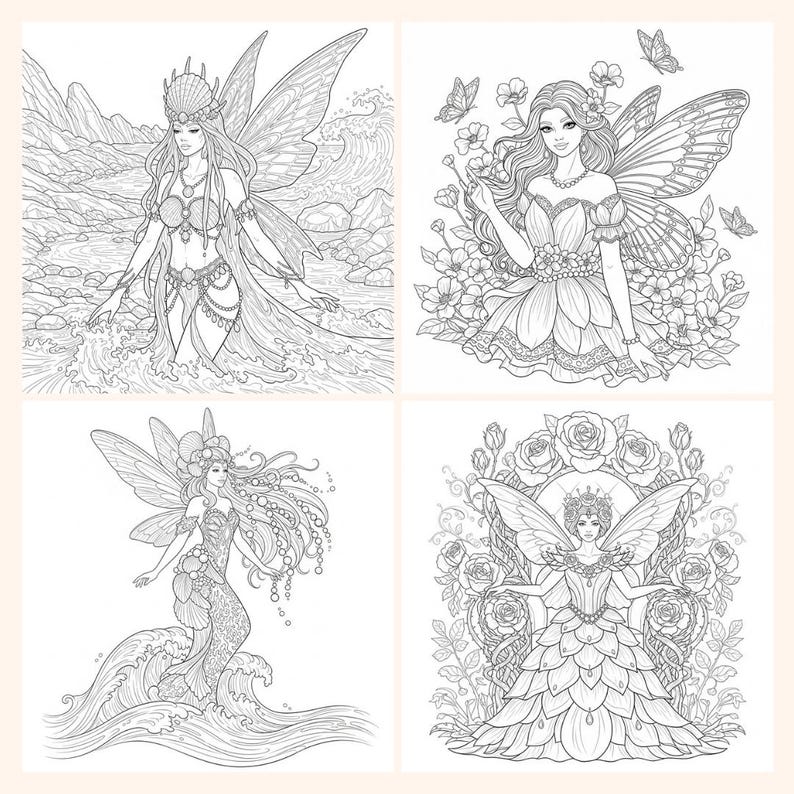 Pu&ograve; includere: Quattro illustrazioni in bianco e nero di fate. Ogni fata ha ali dettagliate ed &egrave; circondata da elementi come acqua, fiori e rose. Le immagini sono adatte per libri da colorare o stampe artistiche.