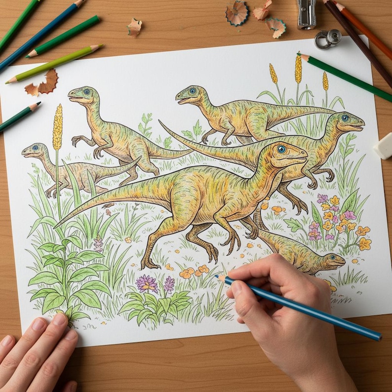 A pack of Gallimimus dinosaurs being hand-colored in a prehistoric field with flowers and grass. This completed page demonstrates the high-quality illustrations found in our 160-page Jurassic World Adventure dinosaur coloring book for kids, ideal for artistic creativity and motor skills.