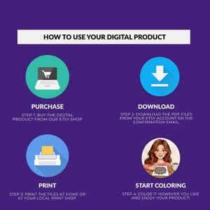 May include: An infographic on a purple background with white text that reads "HOW TO USE YOUR DIGITAL PRODUCT." The graphic shows steps: purchase, download, print, and start coloring. Each step has an icon and descriptive text.
